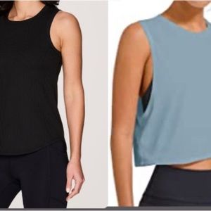 set of 2 like new athletic tanks: Dusty Blue cropped and classic black